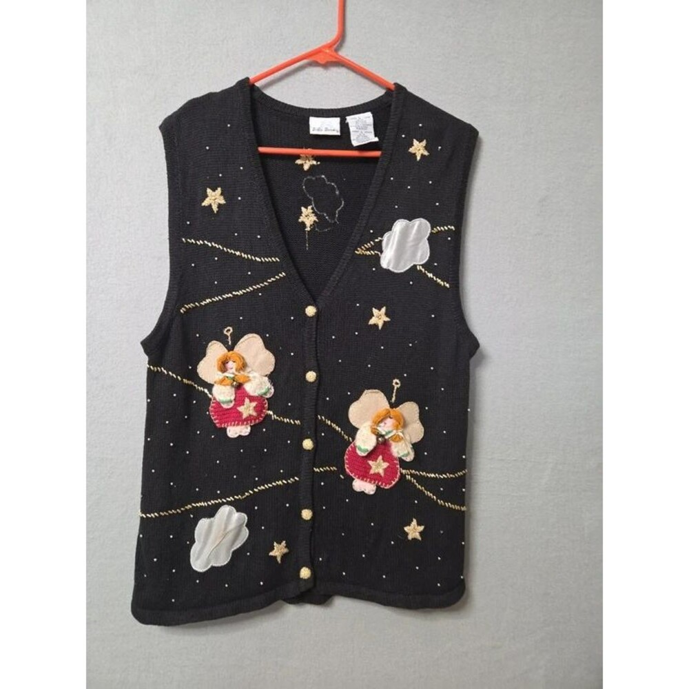 Bobbie Brooks Vintage Black Knit Sweater Vest - Gold Embroidered - Size L